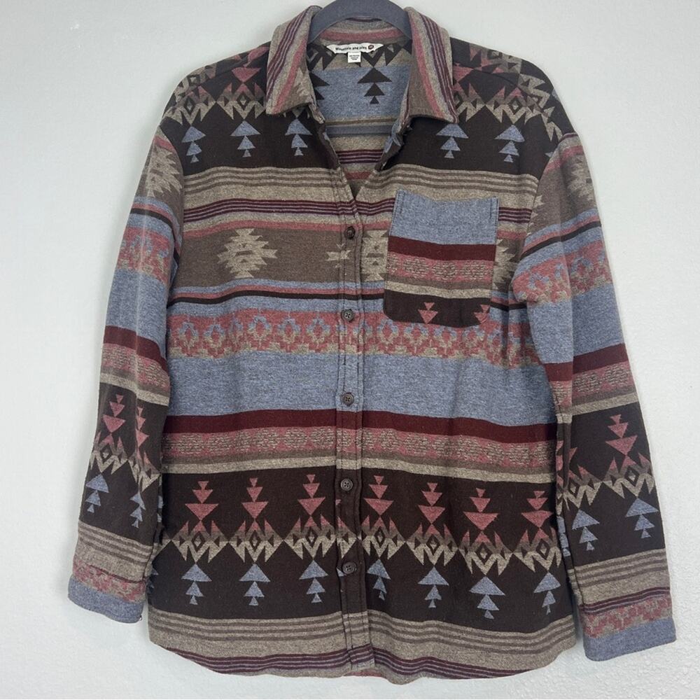 Mountain and Isles | Women’s Aztec Print Flannel Shirt Brown Tan Casual Comfy M